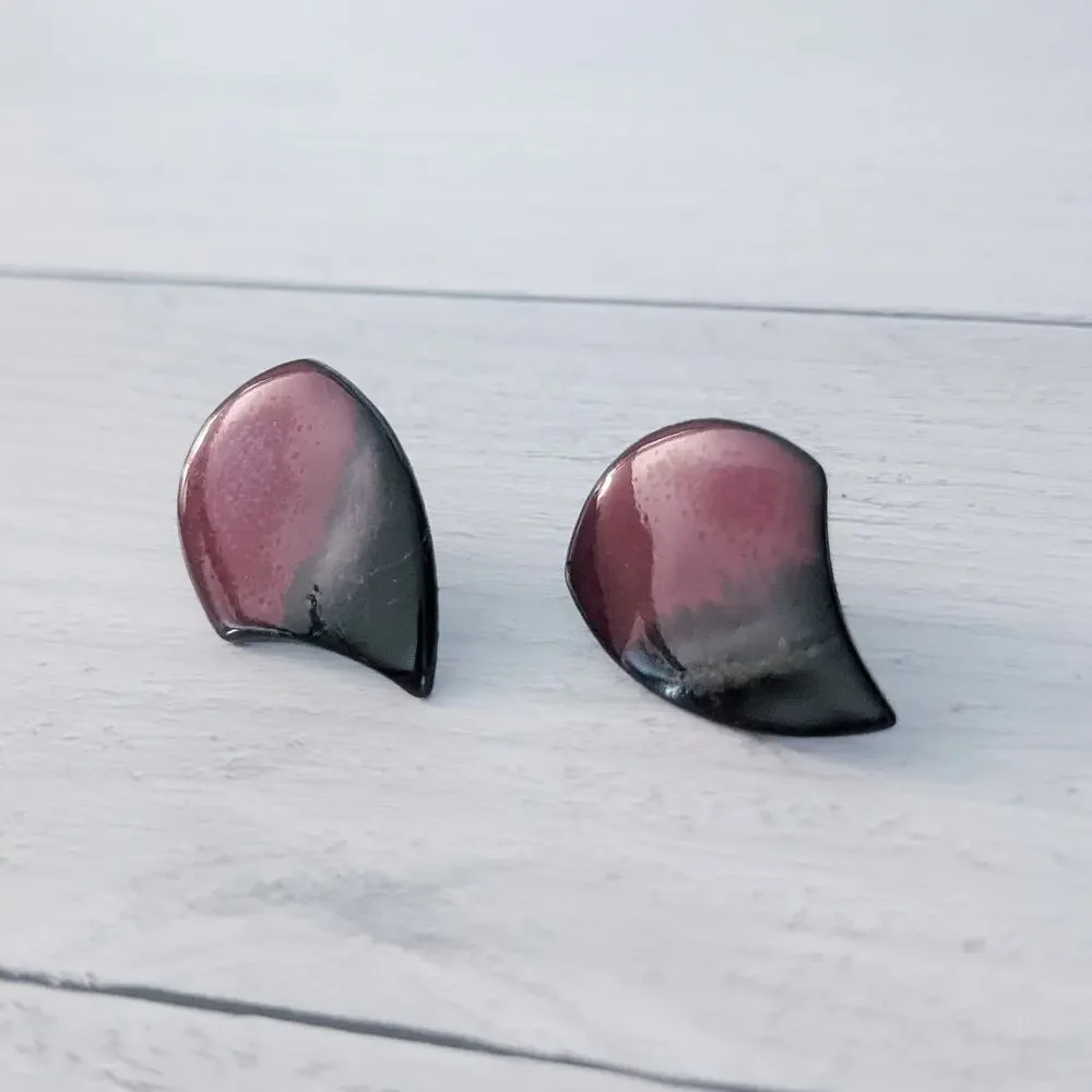 Vintage Stud Earrings Black & Burgundy Statement Large 1.25